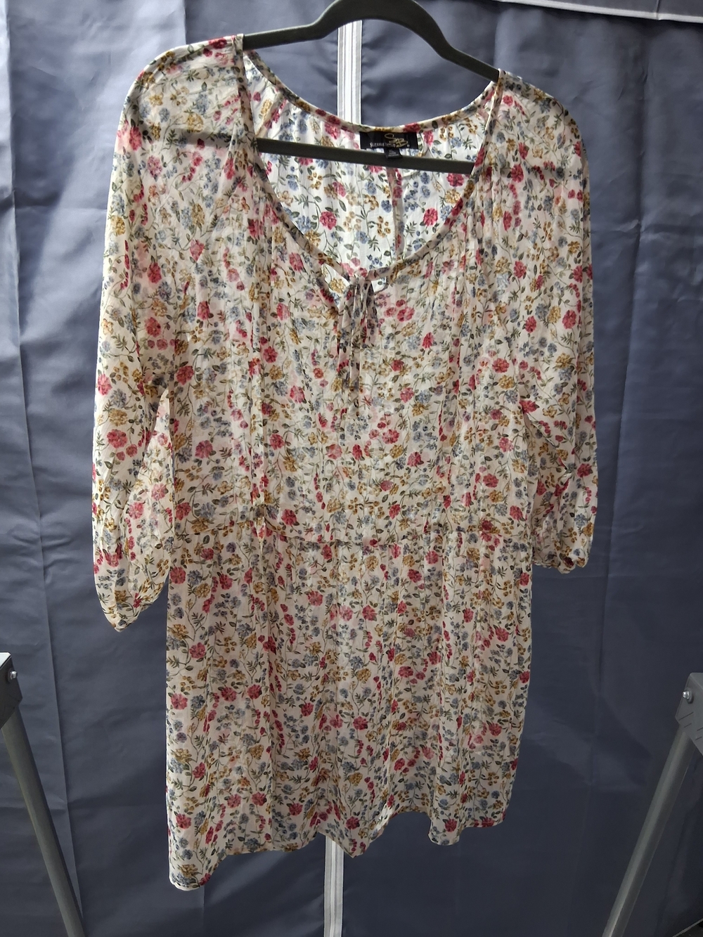 Suzanne Betro Cream Floral Tie-Front Tunic with Pink and Green Accents